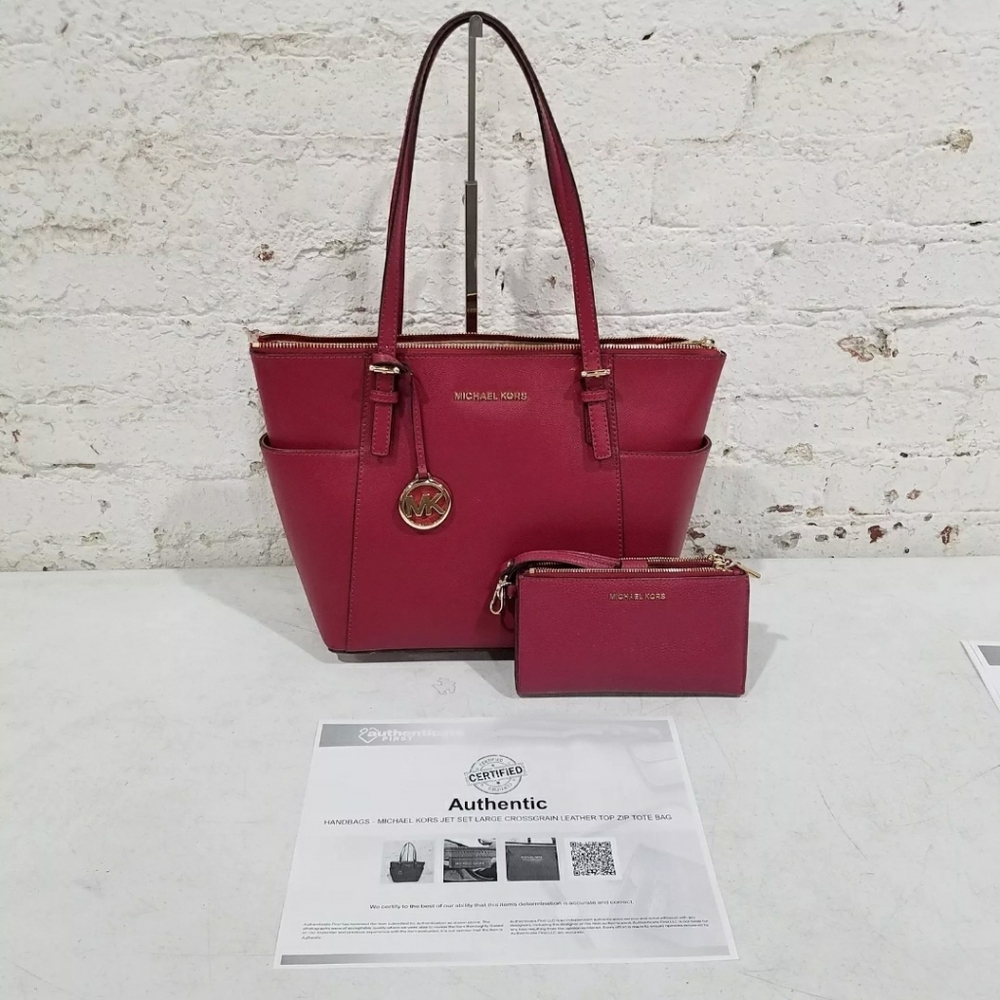 Lot of 2 Michael Kors MK Designer Jet Set Large Red/Burgundy Tote+Wallet Bundle
